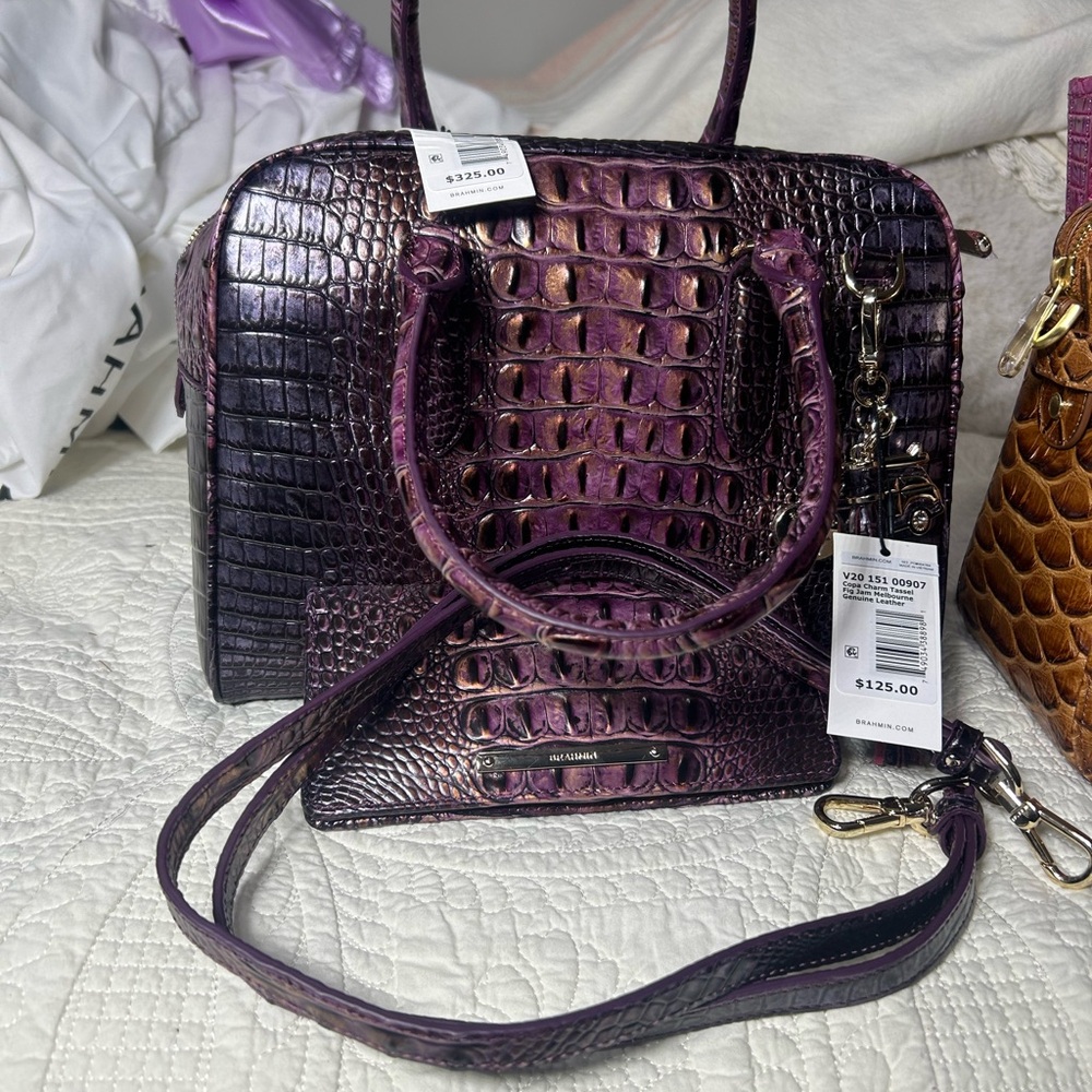 Brahmin Shimmering Purple Crocodile Satchel